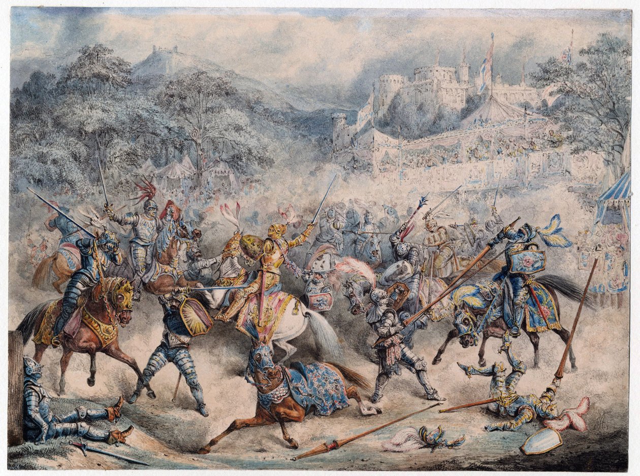 Tournoi (Moyen age) - Tournament of mounted ridders - Anonym - 1840 - Färglitografi - 20,3x30,5 - Privat samling av Anonymous Anonymous