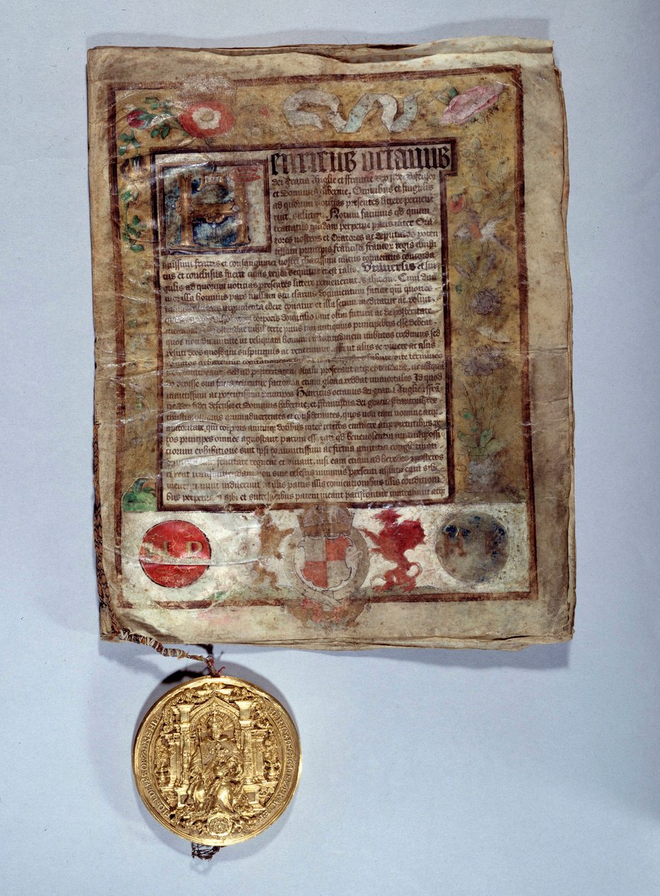 Amiensfördraget i augusti 1527, en allians mellan kung Henrik VIII och franske kungen Francois I mot kejsar Karl V. Paris, Nationalarkivet av Anonymous Anonymous