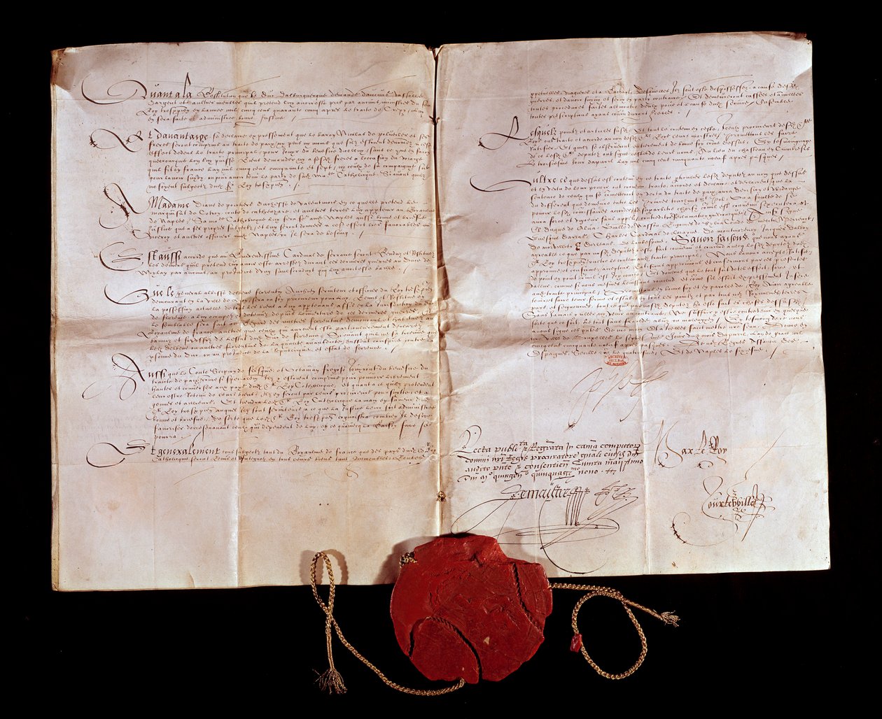 Cateau Cambresis-fördraget (Cateau-Cambresis) mellan Henrik II (1519-1589) och Filip II av Spanien den 3/04/1559. Frankrike lämnar tillbaka sina italienska territorier till Spanien. Denna handel avslutade de italienska krigen. Paris, Riksarkivet av Anonymous Anonymous