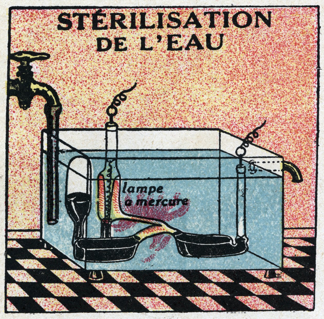 Ultravioletta strålar: sterilisering av vatten med ultravioletta strålar. Anonym illustration från 1925. Privat samling. av Anonymous Anonymous