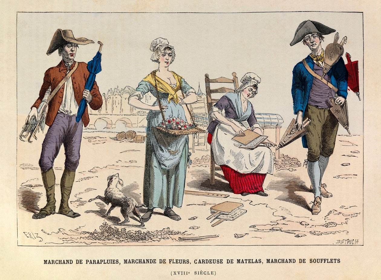 Paraplyhandlare, blomsterhandlare, madrasskardare och bälghandlare i Paris på 1700-talet - Paraplyförsäljare, blomstersäljare, kardnings- och bälgförsäljare på 1700-talets Paris - privat samling av Anonymous Anonymous