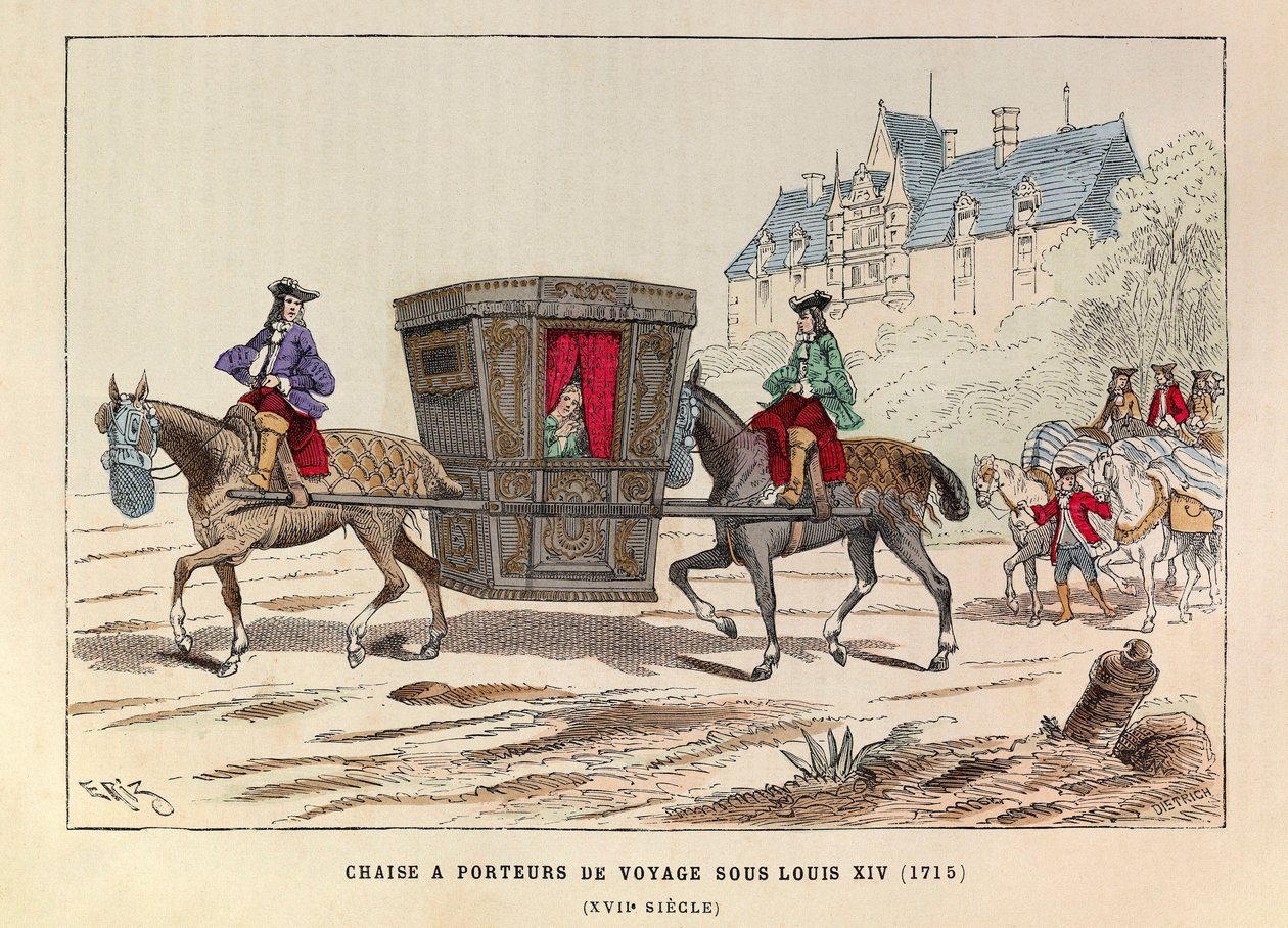 Une chaise à porter de voyage sous le reign du roi Louis XIV (1715) - Sedanstol som transporterades till häst under kung Ludvig XIV av Frankrike. av Anonymous Anonymous