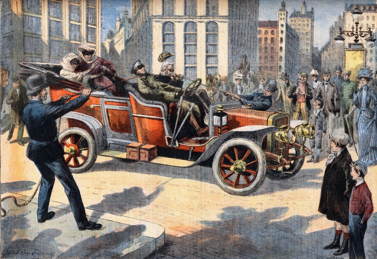 Ovanliga amerikanska polismetoder för att arrestera förare som begår hastighetsupphetsning när de kör sina bilar. Gravyr från tidningen "" Le Petro Parisien"", den 31/05/1908. Privat samling. av Anonymous Anonymous
