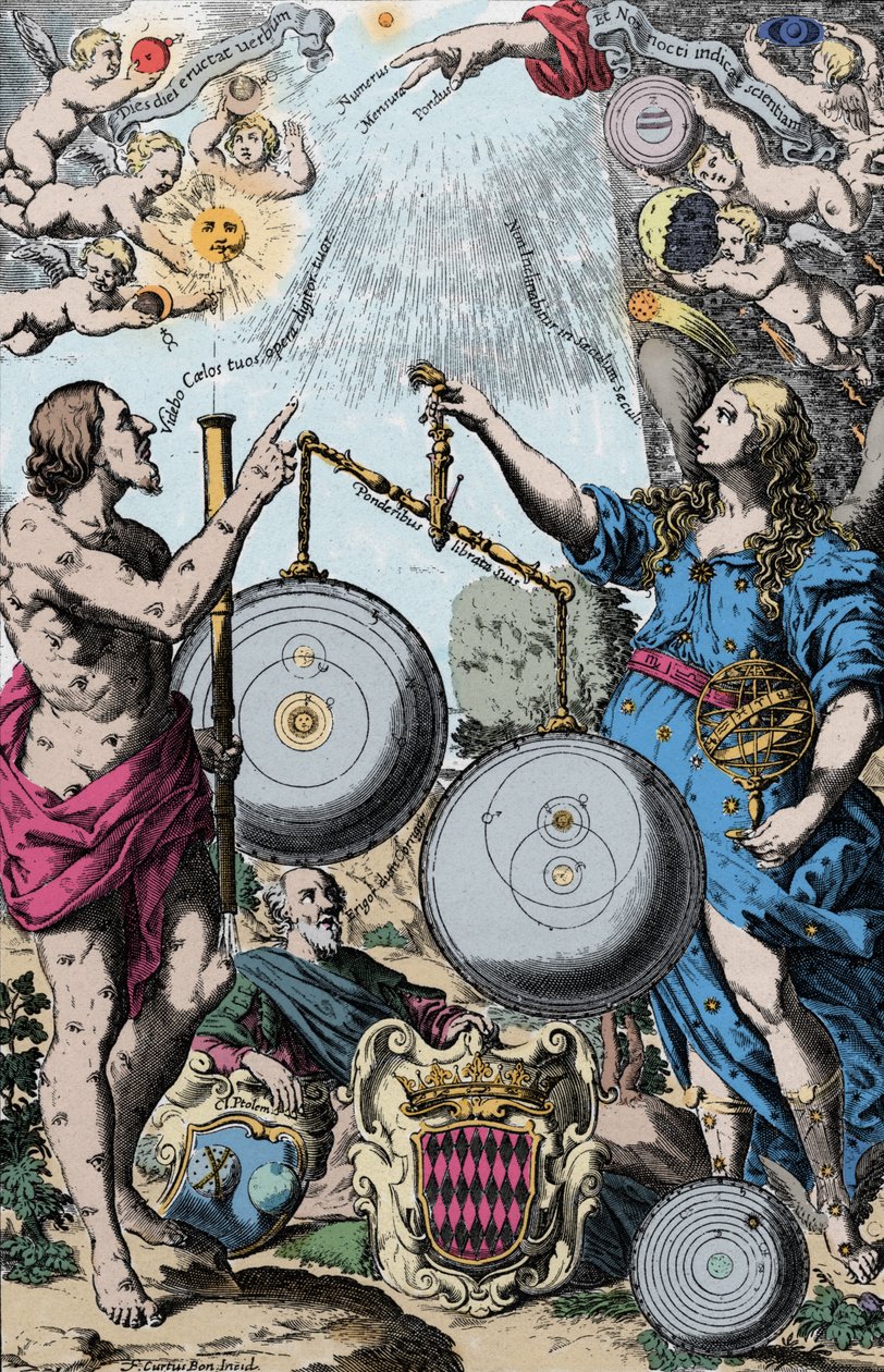 Urania, Astronomimusen representerad framför Argus, med ett teleskop. De väger och jämför Copernicus (vänster) system och Jesuite Giovanni Riccioli inspirerar från Tycho Brahes (som kombinerar Ptolemes geocentriska visioner) av Anonymous Anonymous
