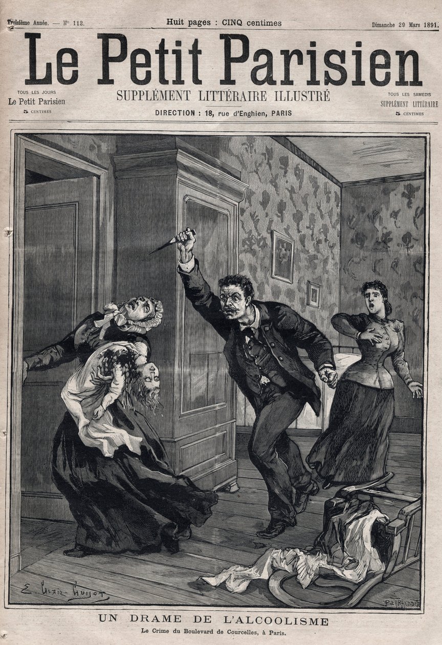 Olika fakta: ett drama av alkoholism - Le crime du Boulevard de Courcelles i Paris - Gravyr i "Le petit Parisien"" från 1891 - Privat samling av Anonymous Anonymous