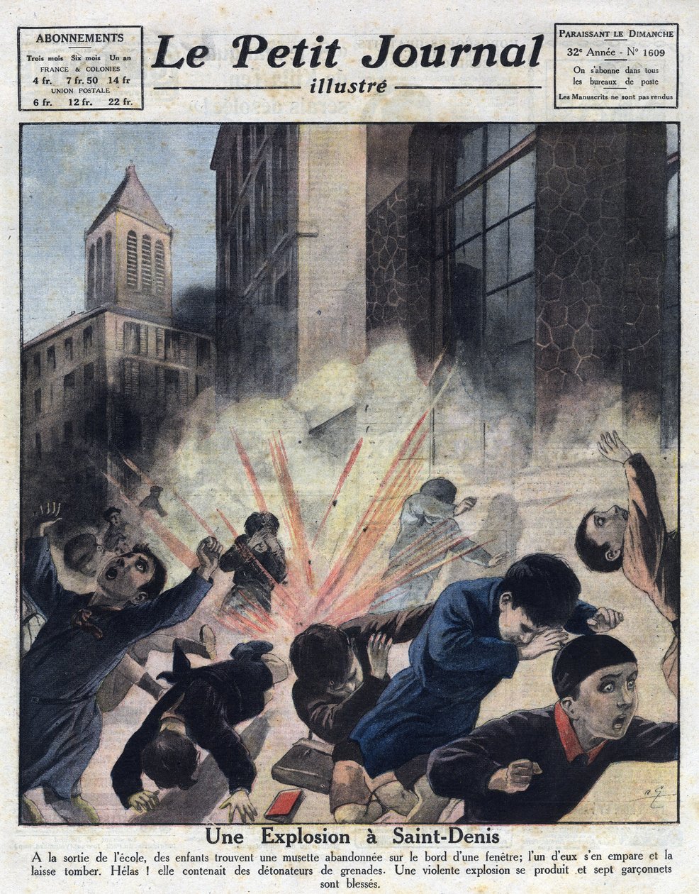 Olika fakta: en explosion framkallad av granatsprängkapslar i en övergiven musett som lekte med barn efter att ha lämnat en skola i Saint Denis. Illustration hämtad från "" Le petit journal illustrious"" av 1921-10-23. Privat samling av Anonymous Anonymous