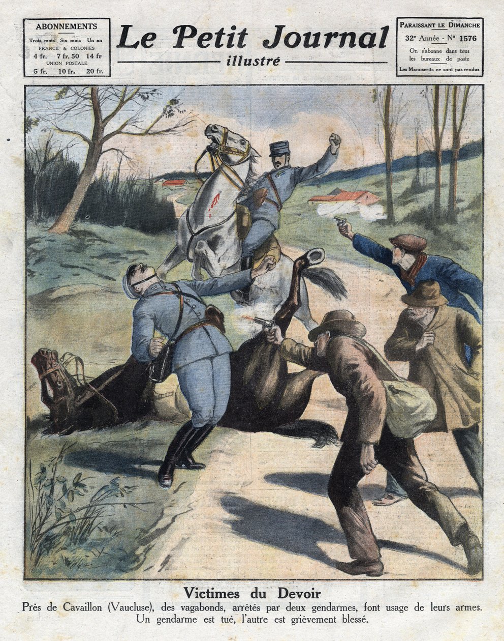 Olika fakta: mord på två gendarmer av lösdrivna brottslingar på vägen till Cavaillon i Vaucluse. Illustration hämtad från "" Le petit journal"" av 1921-03-06. Privat samling av Anonymous Anonymous