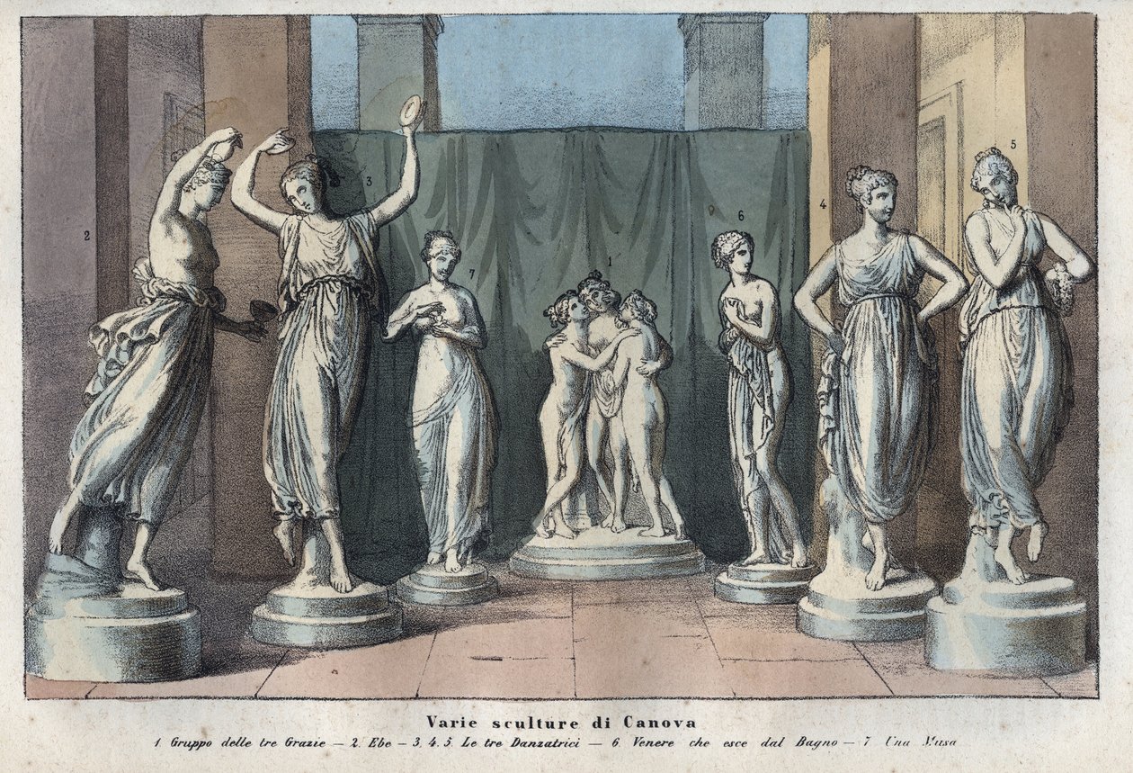 Olika skulpturer av Canova - De tre gracerna - Hebe - De tre gracerna som dansar - Venus Italica - Musa - gravyr från "" Seder och traditioner för alla folk i universum. Det är historien om regeringen, om lagarna, om milisen, om allas religion av Anonymous Anonymous