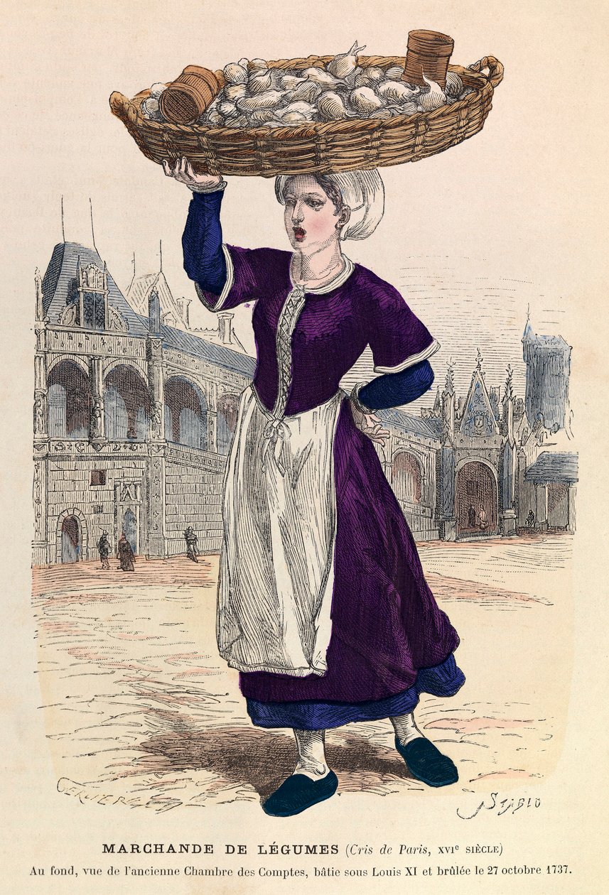 Grönsaksförsäljare i Paris på 1500-talet (i bakgrunden, vy av fd räkenskapskammaren, batie under Ludvig XI och brulee den 27 oktober 1737) - Grönsaksförsäljare av Anonymous Anonymous