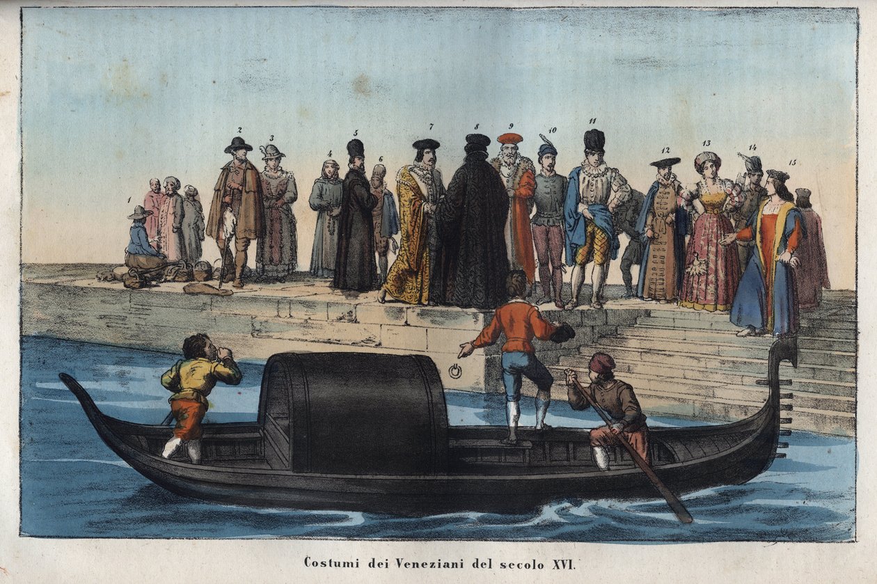 Venetianska dräkter från 1500-talet - gravyr från "" Seder och bruk för alla folk i universum. Det vill säga historien om regeringen, om lagarna, om milisen, om religionen för alla nationer från de mest avlägsna tiderna till våra dagar "1856 av Anonymous Anonymous