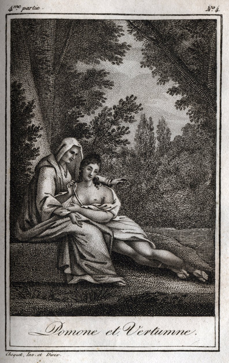 Vertumne och Pomone (Jupiter och Ceres): Vertumne, förälskad i nymfen Pomone, klär ut sig som en gammal kvinna för att närma sig henne. Gravyr från 1819 i "Lettres a Emilie sur la mythologie" av Charles Albert Demoustier (1760-1801). Privat samling. av Anonymous Anonymous