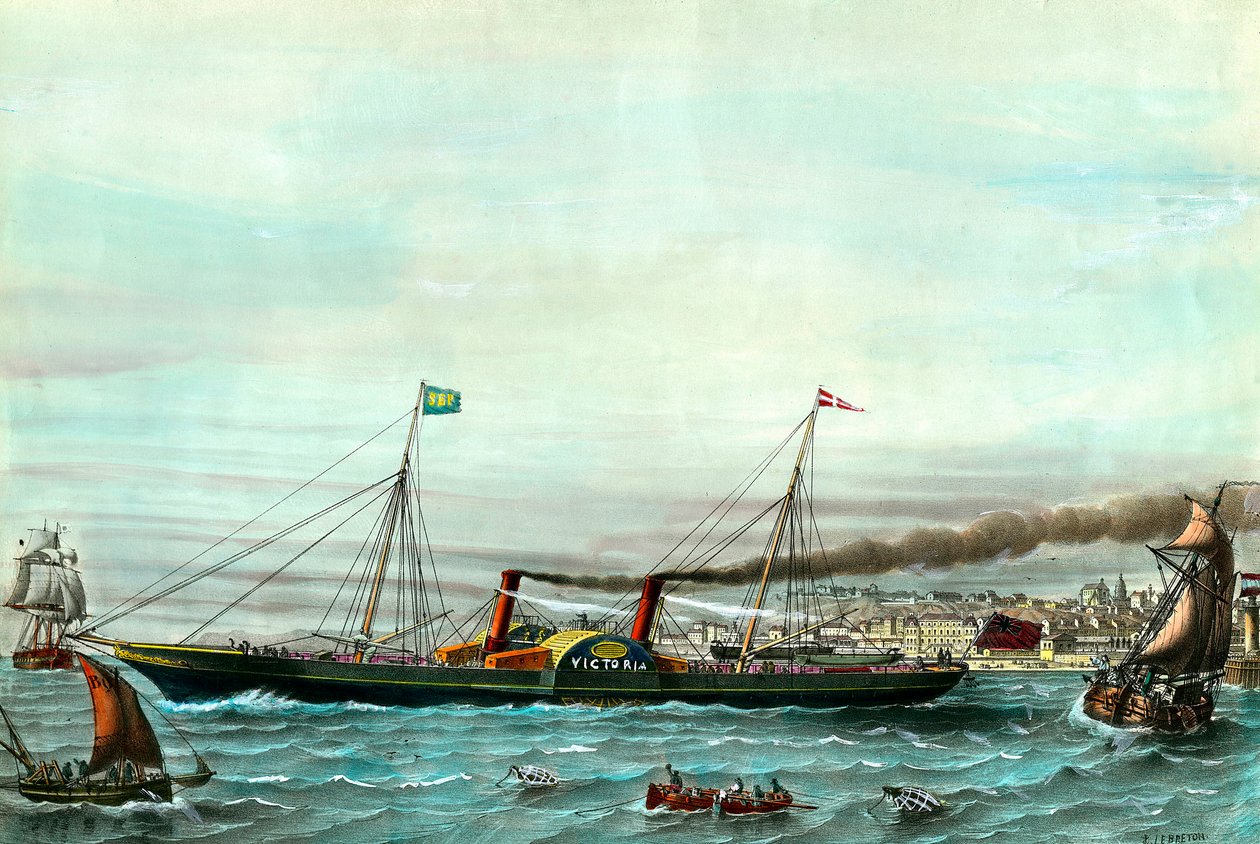 Vessel a wheel la Victoria”” som serverar mellan Boulogne sur mer och Folkestone””” Gravyr från 1800-talet. Privat samling av Anonymous Anonymous