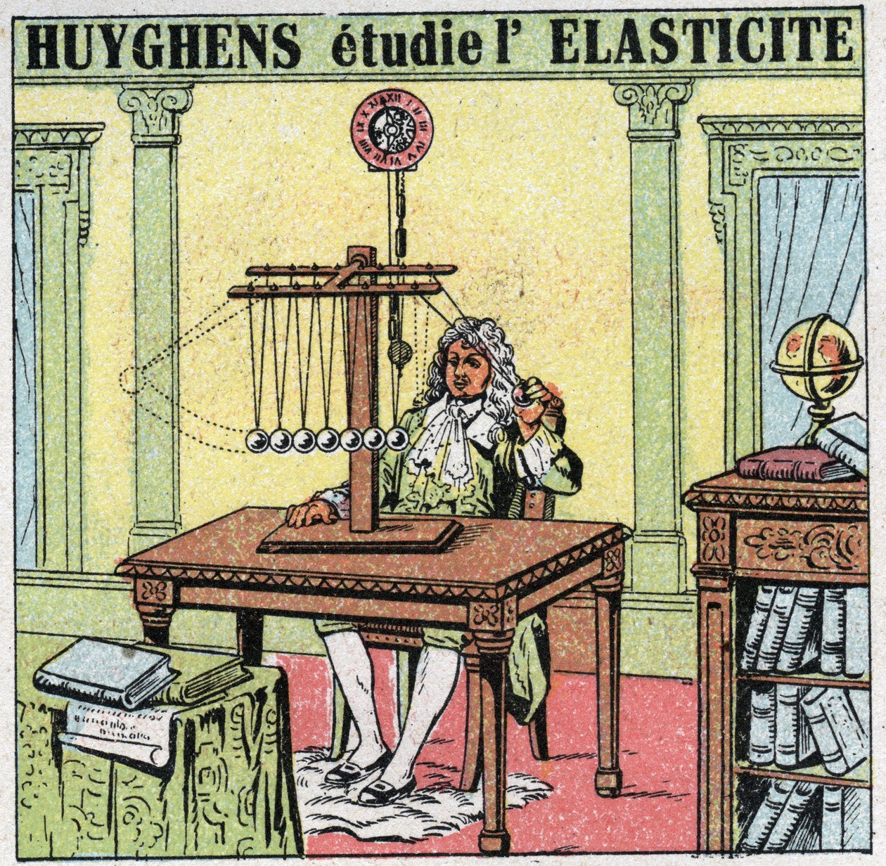 Vibrationsrörelser: Christiaan Huygens (1629-1695) studerar materialets elasticitet genom att observera elfenbenspärlor. Anonym illustration från 1925. Privat samling. av Anonymous Anonymous