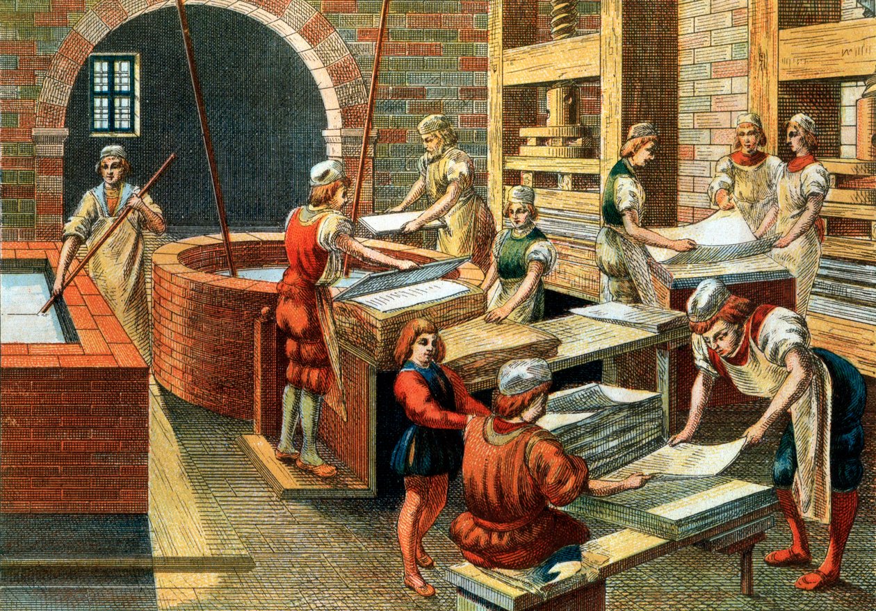 Vy över en papperstillverkningsverkstad i Fabriano på 1500-talet, Italien. De olika stegen. Illustration. Privat samling - En papperstillverkningsworkshop i Fabriano (Italien) av Anonymous Anonymous