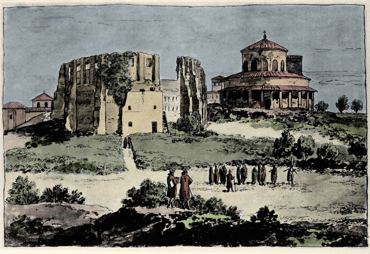 Utsikt över kyrkan Santa Constance (nza), kejsar Konstantins mausolee byggd på 300-talet nära basilikan St. Agnese (Agnese) i Rom Illustration av 1800-talet av Anonymous Anonymous
