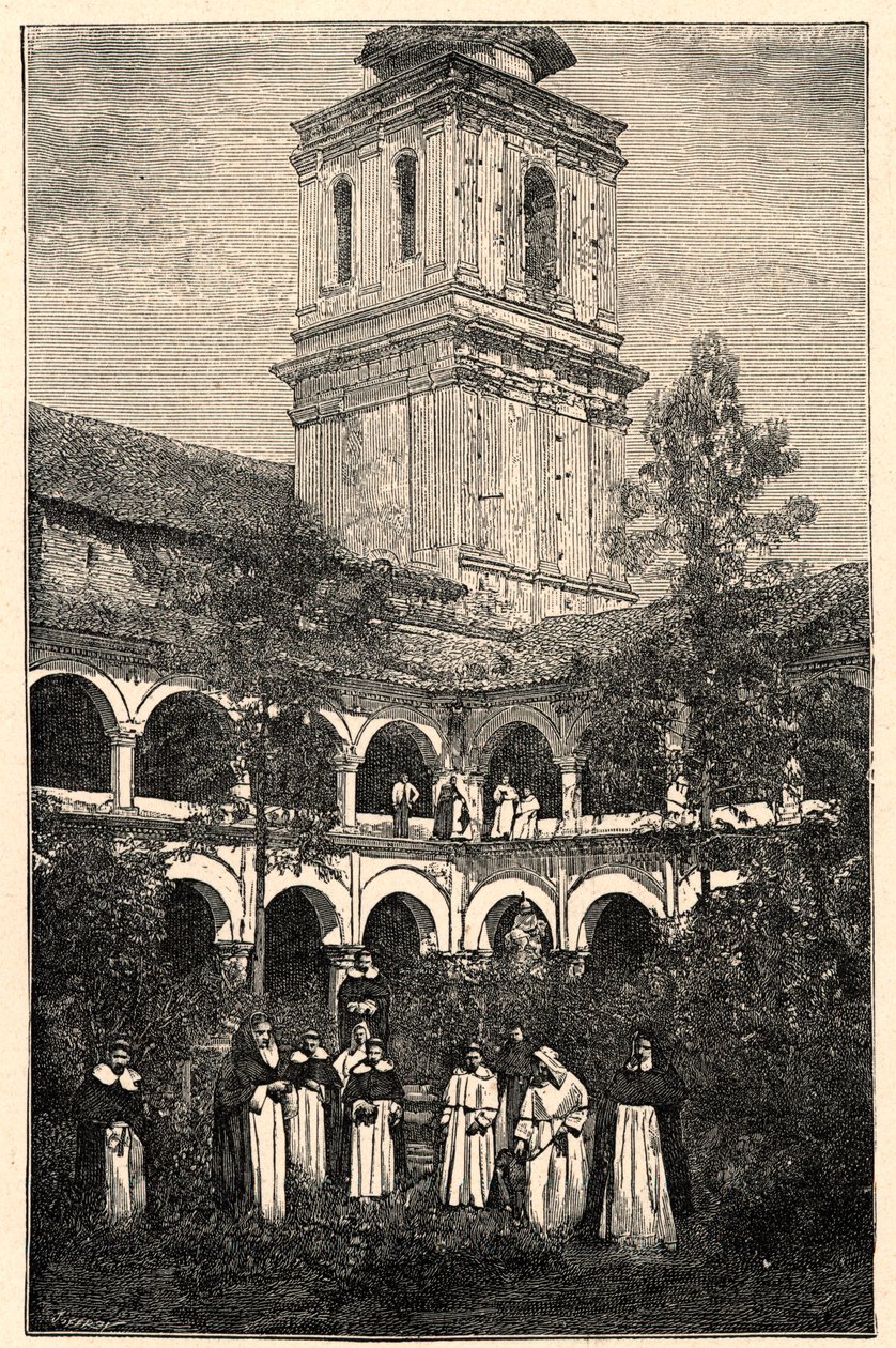 Utsikt över Dominikanska klostret i Quito, Ecuador. Gravyr i "The Catholic Missions in the XIXth Century"" av Louis-Eugene (Louis Eugene) Louvet. privat samling. av Anonymous Anonymous