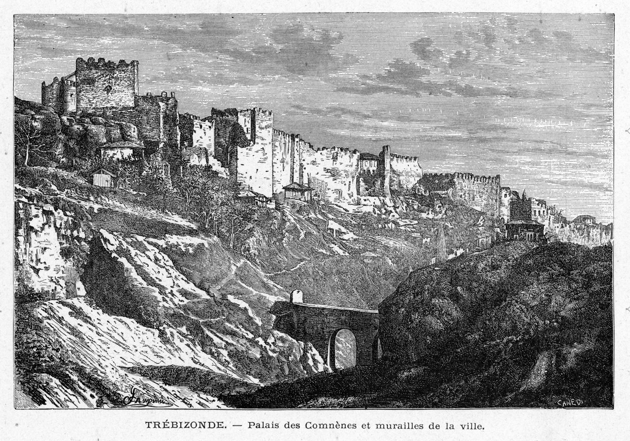 Utsikt över Palais des Comes och murarna i staden Trebizonde (Turkiet). Gravyr i "Les Missions Catholiques au XIXeme Siecle"" av Louis-Eugene (Louis Eugene) Louvet. privat samling. av Anonymous Anonymous