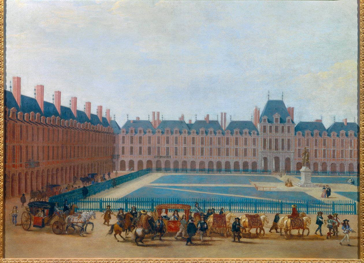 Utsikt över Place Royale omkring 1660, passage av kung Ludvig XIV:s vagn Den nuvarande place des Vosges i Paris. Anonym målning från 1600-talet. Dämpa. 0,81 x 1,13 m Paris, Musee Carnavalet av Anonymous Anonymous