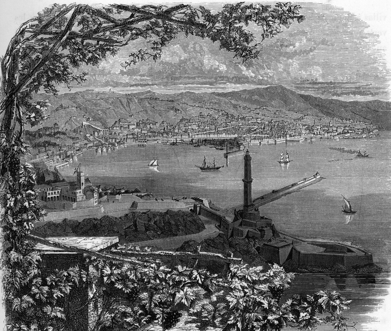 Utsikt över staden Genes (Genova), Italien. gravyr av 1859 i "" gallerierna i Europa - Italien"" av armengaud. Privat samling. av Anonymous Anonymous