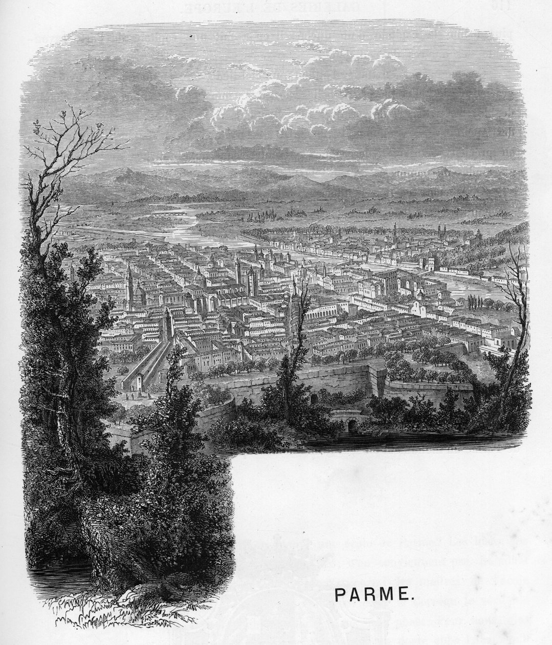 Utsikt över staden Parma (Parma), Italien. Gravyr av 1859 i "" les galeries de l