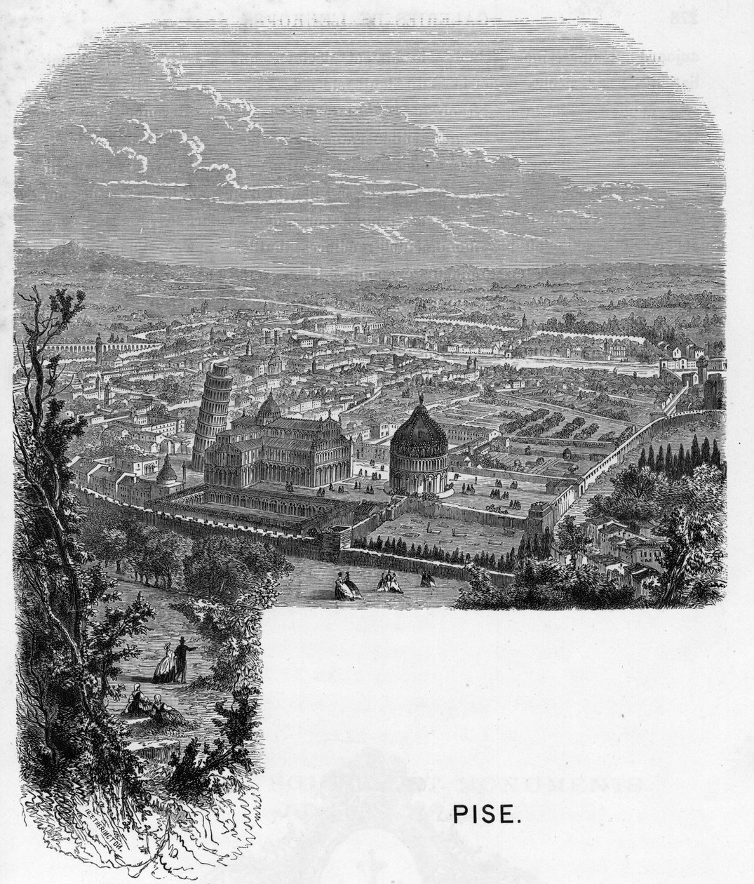 Utsikt över staden Pisa (Pisa), Italien. gravyr av 1859 i "" gallerierna i Europa - Italien"" av armengaud. Privat samling. av Anonymous Anonymous
