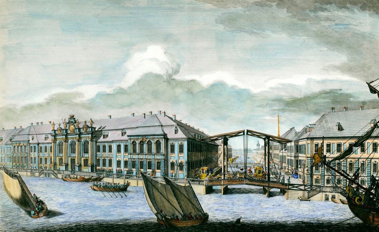Vy över det tidigare vinterpalatset av Moika och Neva-kanalen i Sankt Petersburg 1700-talsgravyr. Sankt Petersburg, Hermitagebiblioteket av Anonymous Anonymous