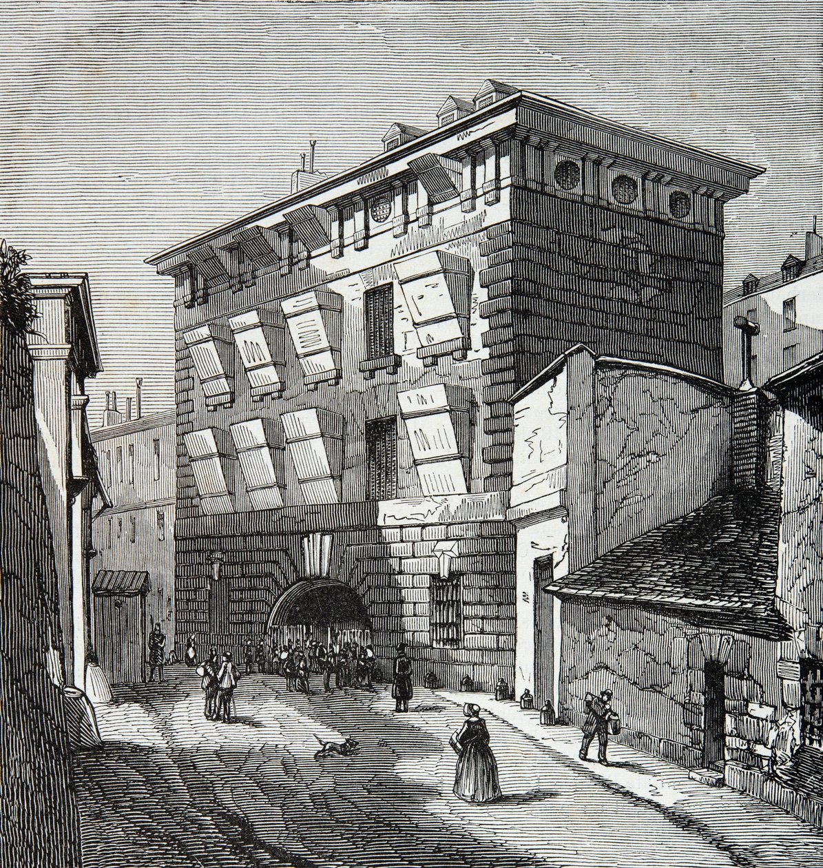 Utsikt över det tidigare fängelset La Force, rue du roi de Sicilien i Paris på 1800-talet, Gravyr, Privat samling av Anonymous Anonymous
