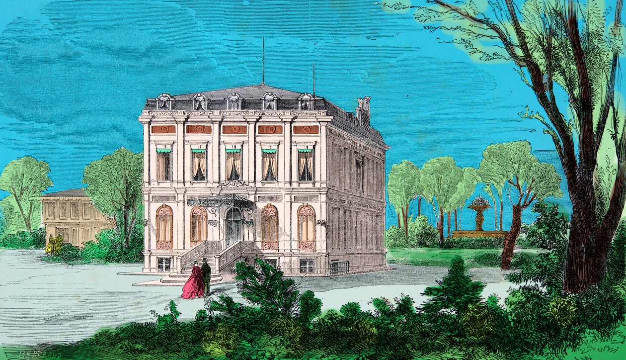 Utsikt över huset till Gioachino (Gioacchino, Giovacchino) Rossini (1792-1868) i Passy au Bois de Boulogne, gravyr, privat samling av Anonymous Anonymous