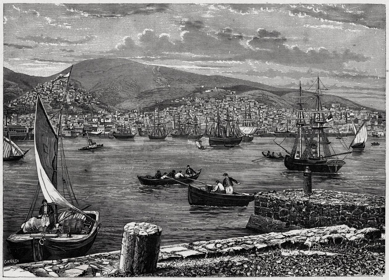Utsikt över ön Syra i Grekland. Gravyr i "The Catholic Missions in the XIXth Century"" av Louis-Eugene (Louis Eugene) Louvet. privat samling. av Anonymous Anonymous