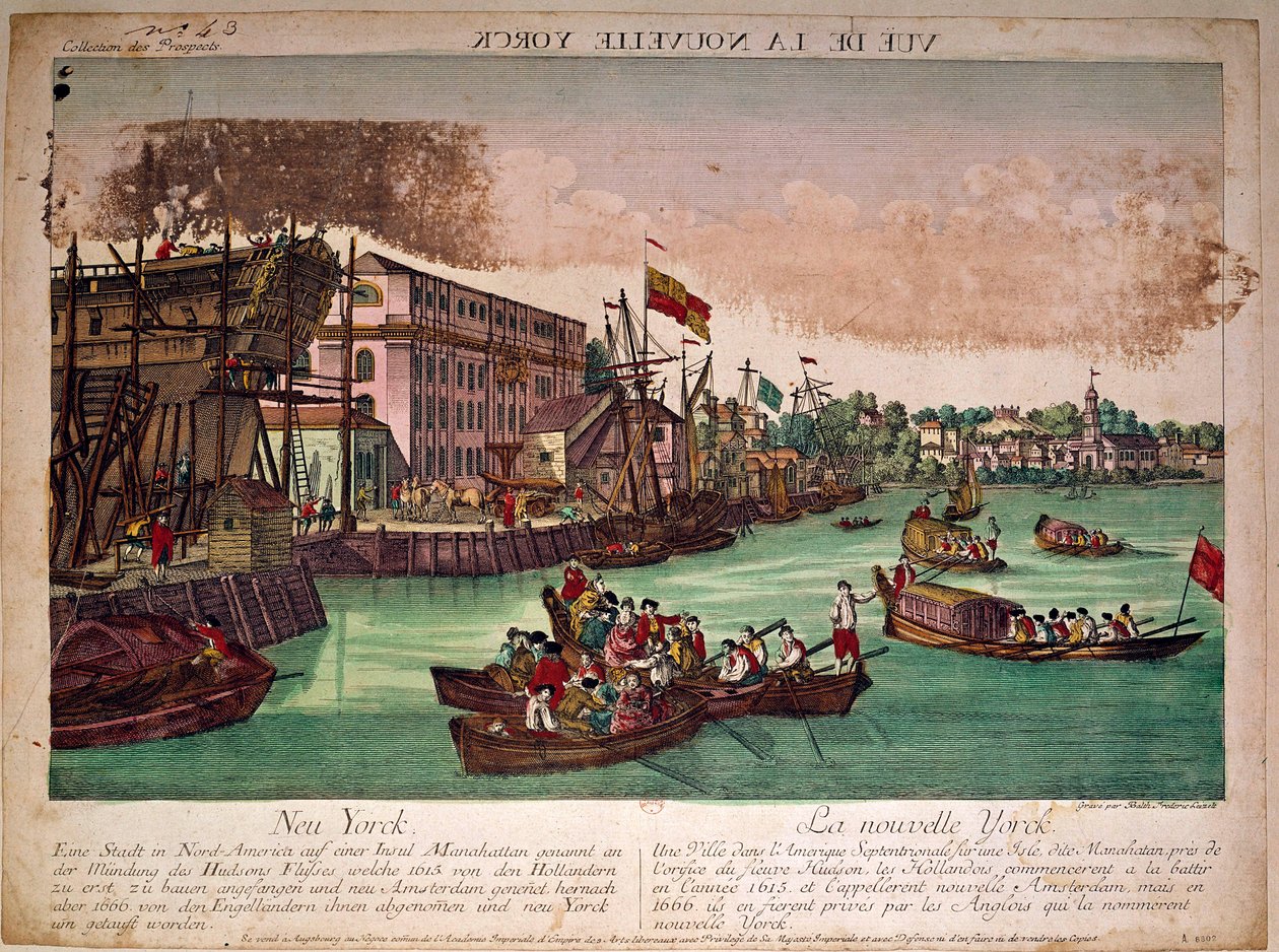 Utsikt över hamnen i staden New York (New York) i USA, till vänster ett varv. Mynningen av Hudsonfloden och Manhattan Island. Gravyr av 1700-talet. Privat samling av Anonymous Anonymous