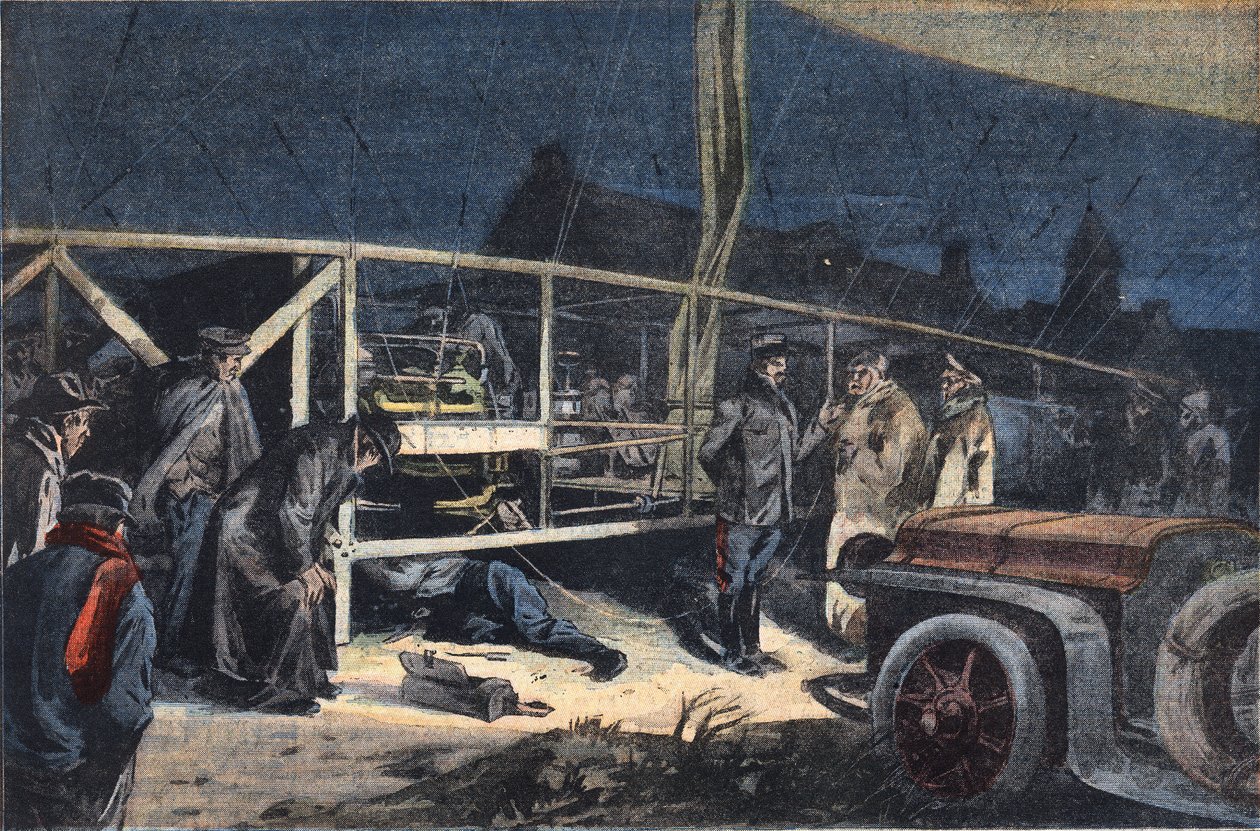 Ville de paris luftskepp haveri i Valmy. Gravyr från tidningen "" Le Peute Parisien", 1908-02-02. Privat samling. av Anonymous Anonymous