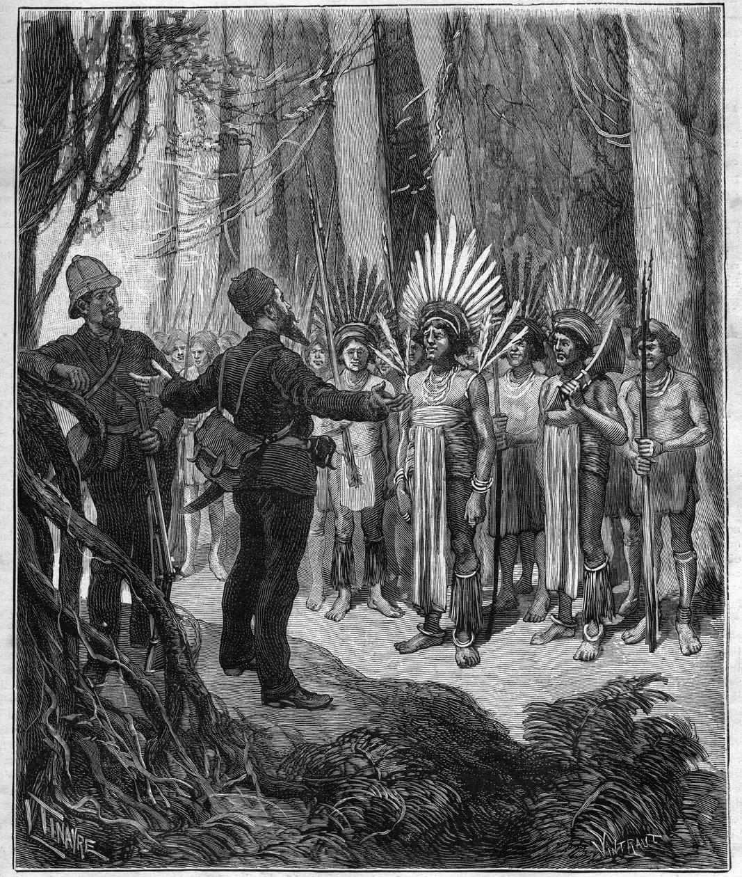 Voyage of Henri Coudreau (1859-1899), professor i geografi och upptäcktsresande i det indiska territoriet i Guyana - han fick av Roucouyan-kockar - gravyr i "Journal des voyages" från 1889. av Anonymous Anonymous