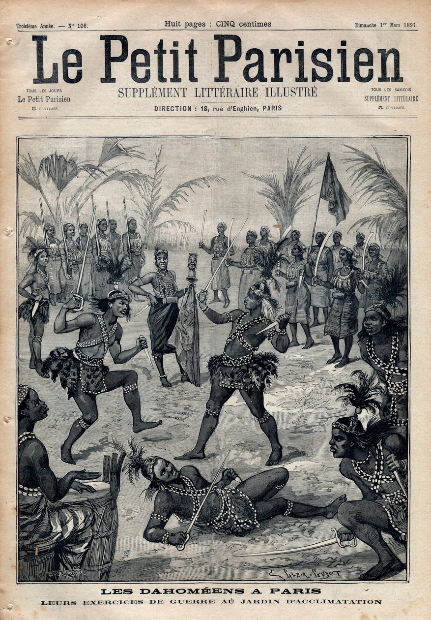 Krigsövningar: Amazoner, krigare och feticheurs dahomeens (nu Benin) från acklimatiseringens trädgård i Paris (Human Zoo). Gravyr i "" Le petit Parisien"" från 1891. Privat samling. av Anonymous Anonymous