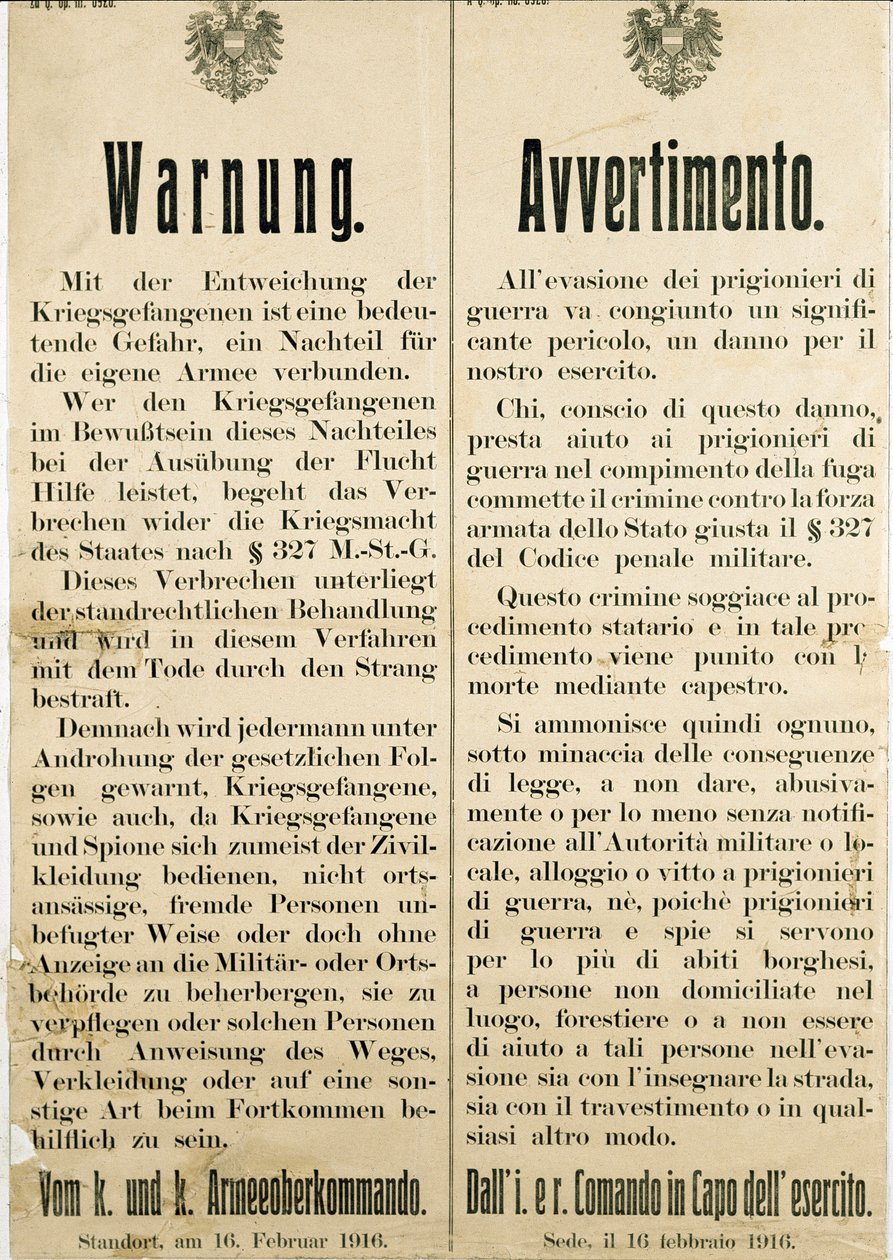 Varning efter rymningen av italienska krigsfångar den 16 februari 1916 och bad den österrikiska befolkningen att inte hjälpa dem (gravyr av Anonymous Anonymous