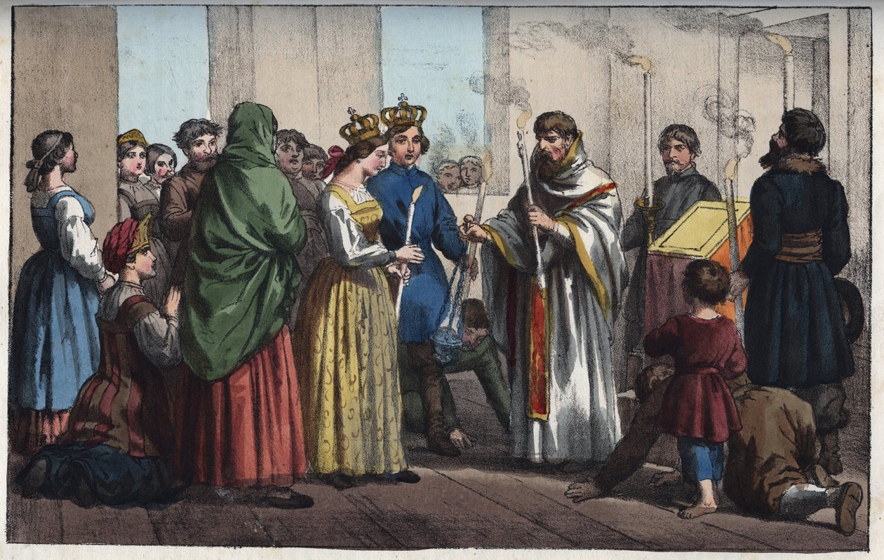 Bröllop i Ryssland på 1700-talet - gravyr från "" Seder och seder för alla folk i universum. Det vill säga historien om regeringen, om lagarna, om milisen, om religionen för alla nationer från de mest avlägsna tiderna till våra dagar "1856 av Anonymous Anonymous