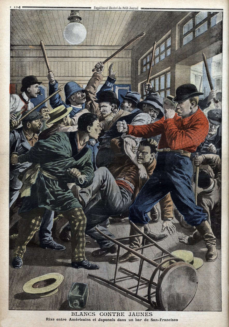 White vs. Yellow: Amerikanska och japanska möten i en bar i San Francisco (problem på grund av utvisningen av japanska barn från amerikanska skolor), illustration från "" Le Petity Journal"" den 9 juni av Anonymous Anonymous
