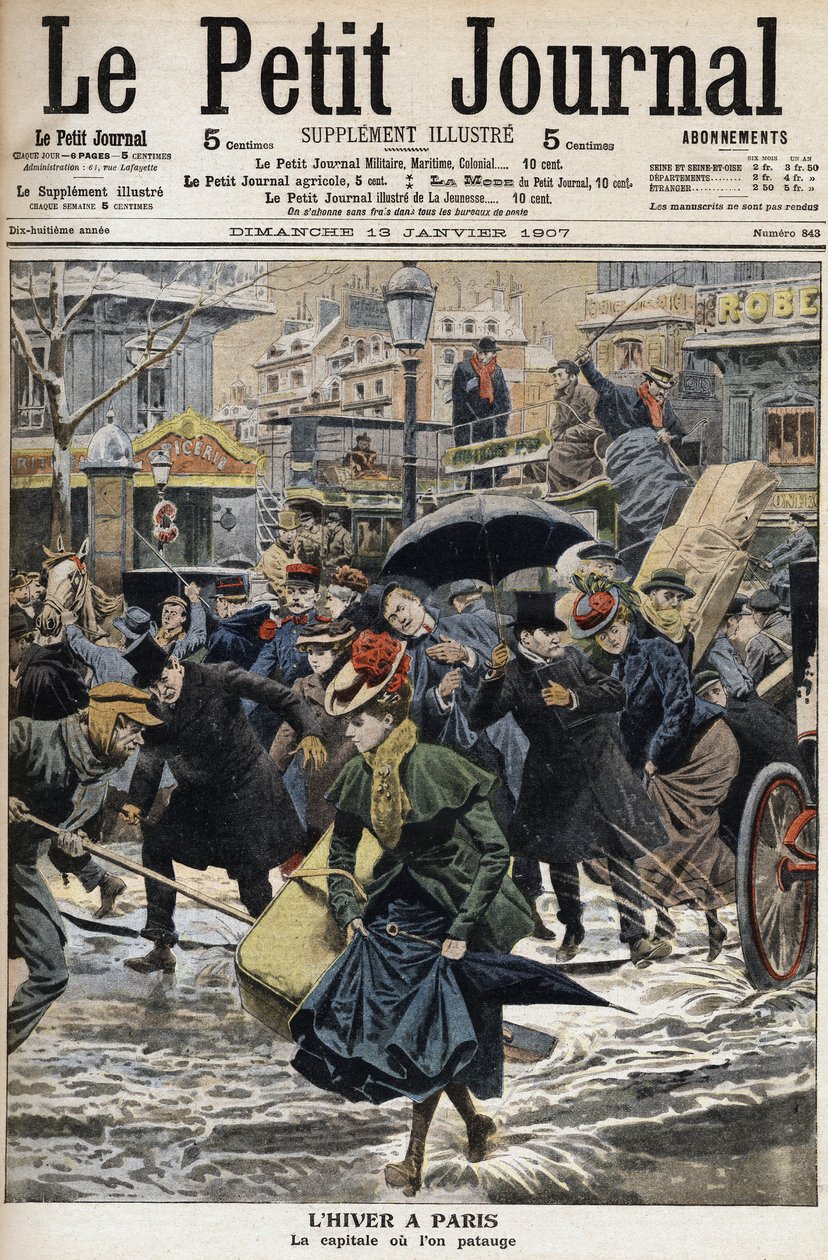 Vinter i Paris: pinnarna vadar i den smälta snön och förbipasserandes flit. Gravyr på framsidan av Petity Journal av Anonymous Anonymous