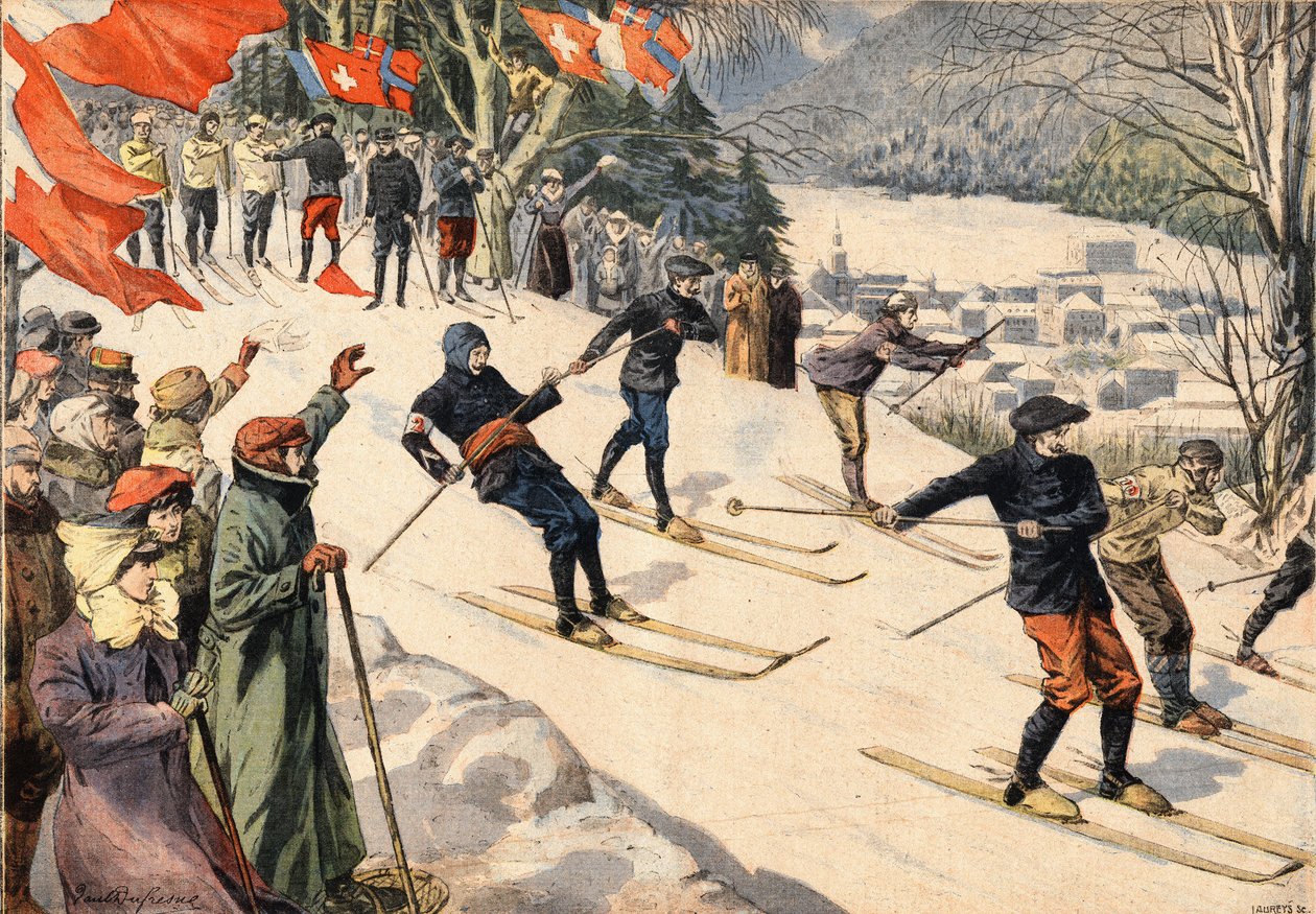 Vintersport: Skidtävling i Chamonix i Haute Savoie i Alperna, Frankrike. Schweiziska och franska flaggor uppmuntrar skidåkare. Gravyr från tidningen "" Le Petite Parisien"" av Anonymous Anonymous