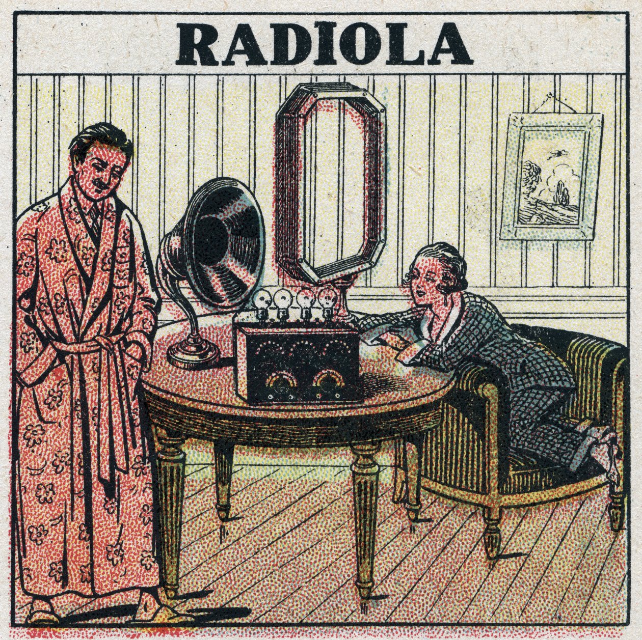 Trådlös telefoni: Radiola radioapparat. Anonym illustration från 1925. Privat samling. av Anonymous Anonymous