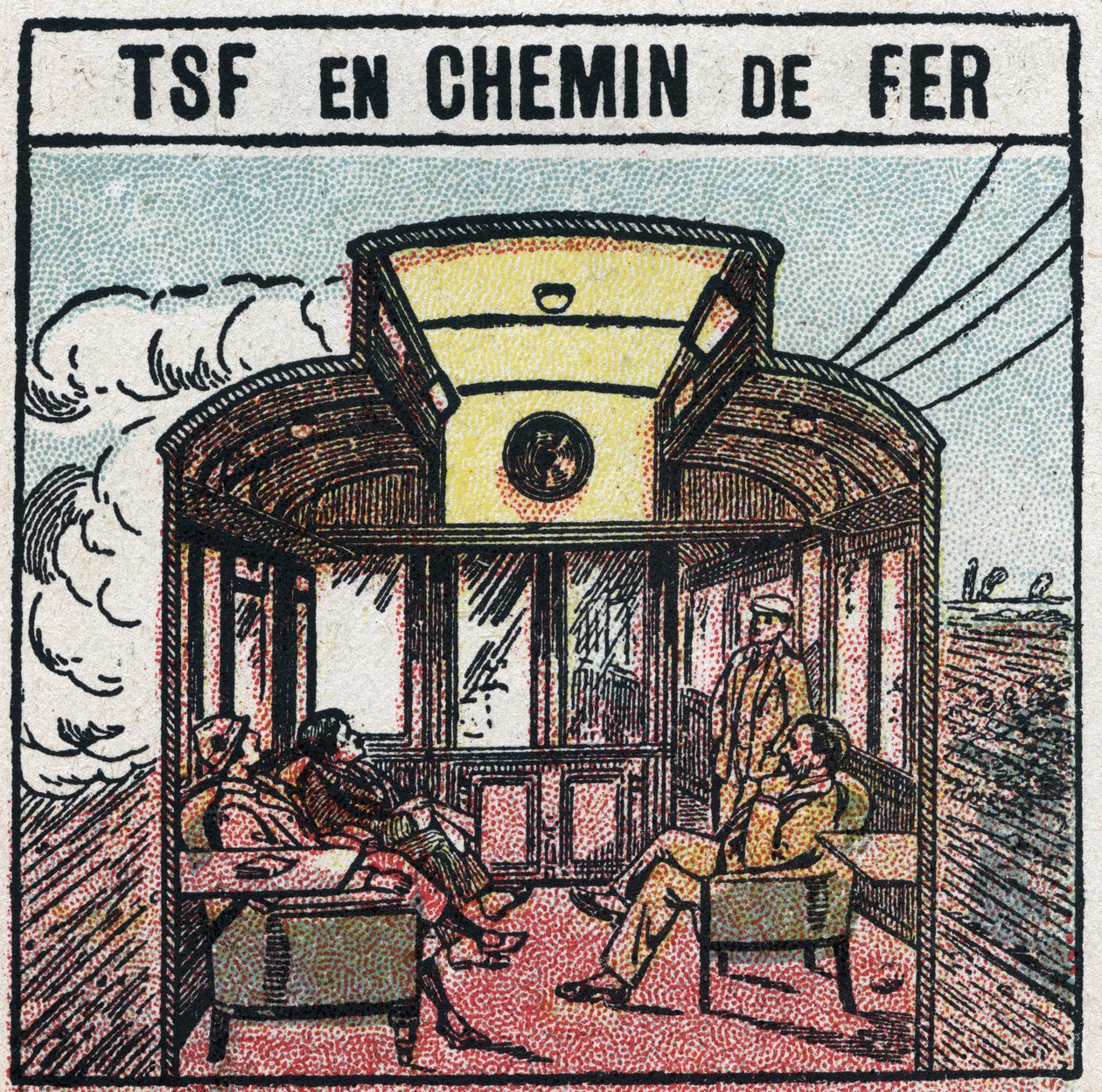 Trådlös telefoni: T.S.F. i en järnvägsvagn. Anonym illustration från 1925. Privat samling. av Anonymous Anonymous