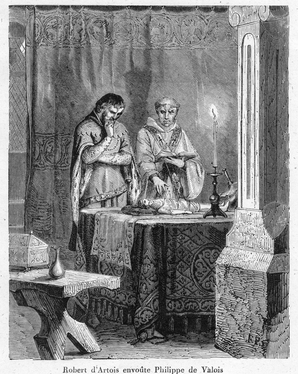 Häxkonst och svart magi: "" Herren Robert III av Artois (1287-1342) förtrollar Johannes av Valois (Johannes II, känd som Johannes den gode), son till kung Filip VI, på en vaxdocka i hans bild (voodoo) av Anonymous Anonymous
