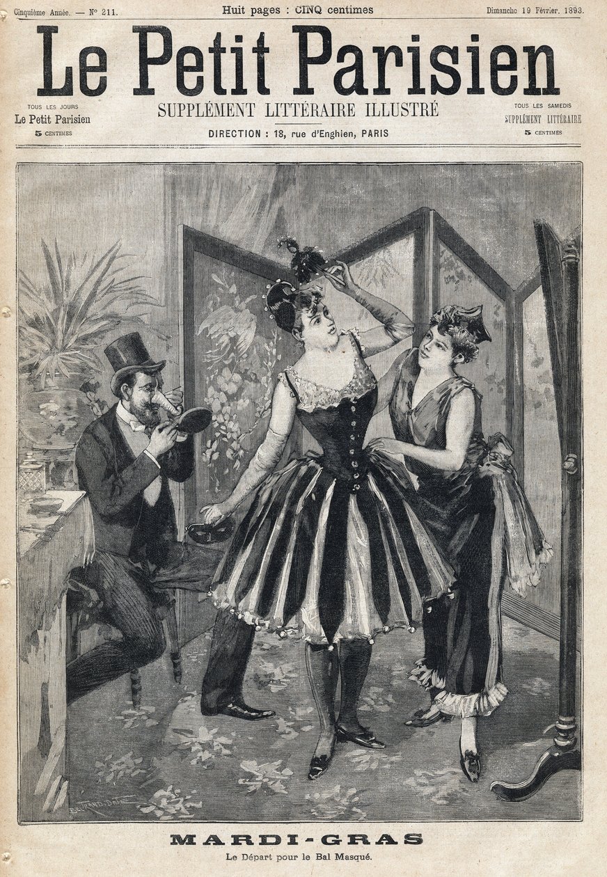 Kvinnor som förbereder sin utklädnad bakom en skärm och man som provar sin mask i form av ett elefantrör för Mardi Gras Mask Ball (Mardi-Gras). En av tidningen "" Le Petit Parisien"" den 19/02/1893. av Anonymous Anonymous