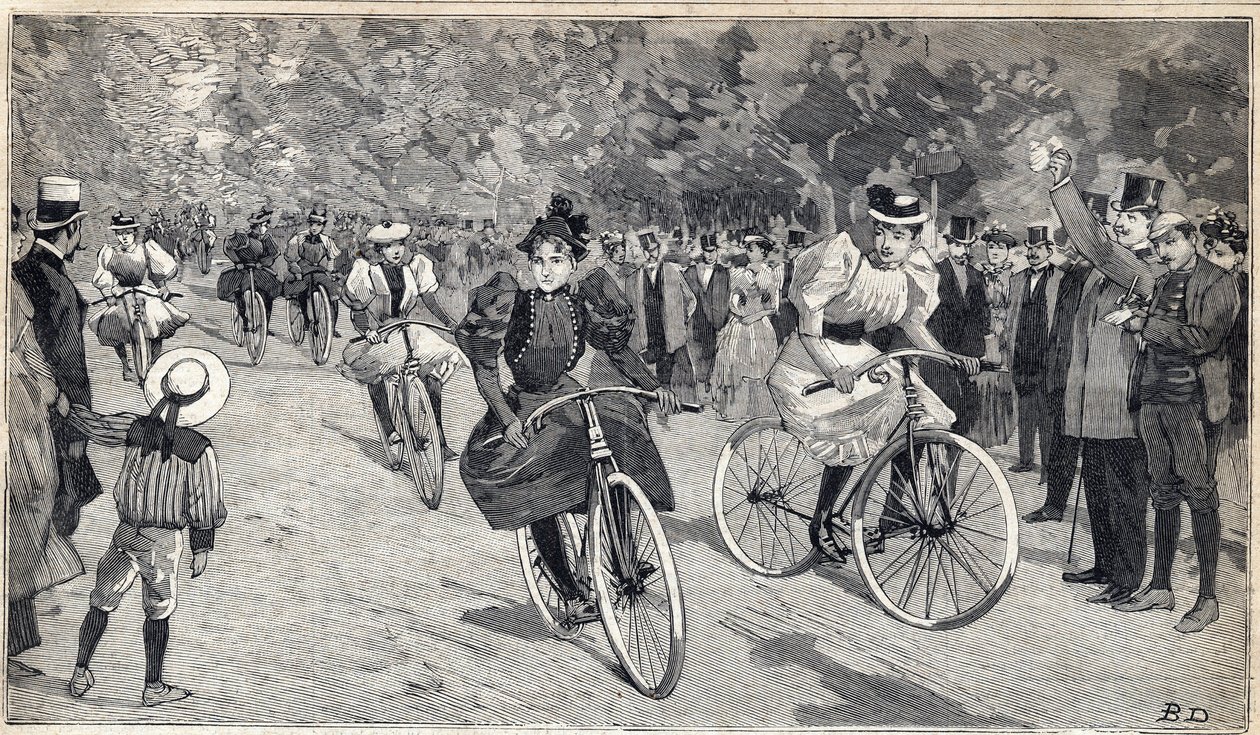 Kvinnors race av velocipedists vid Bois de Boulogne nära Paris. Gravyr i "" Le Petit Parisien"" den 25/06/1893. av Anonymous Anonymous