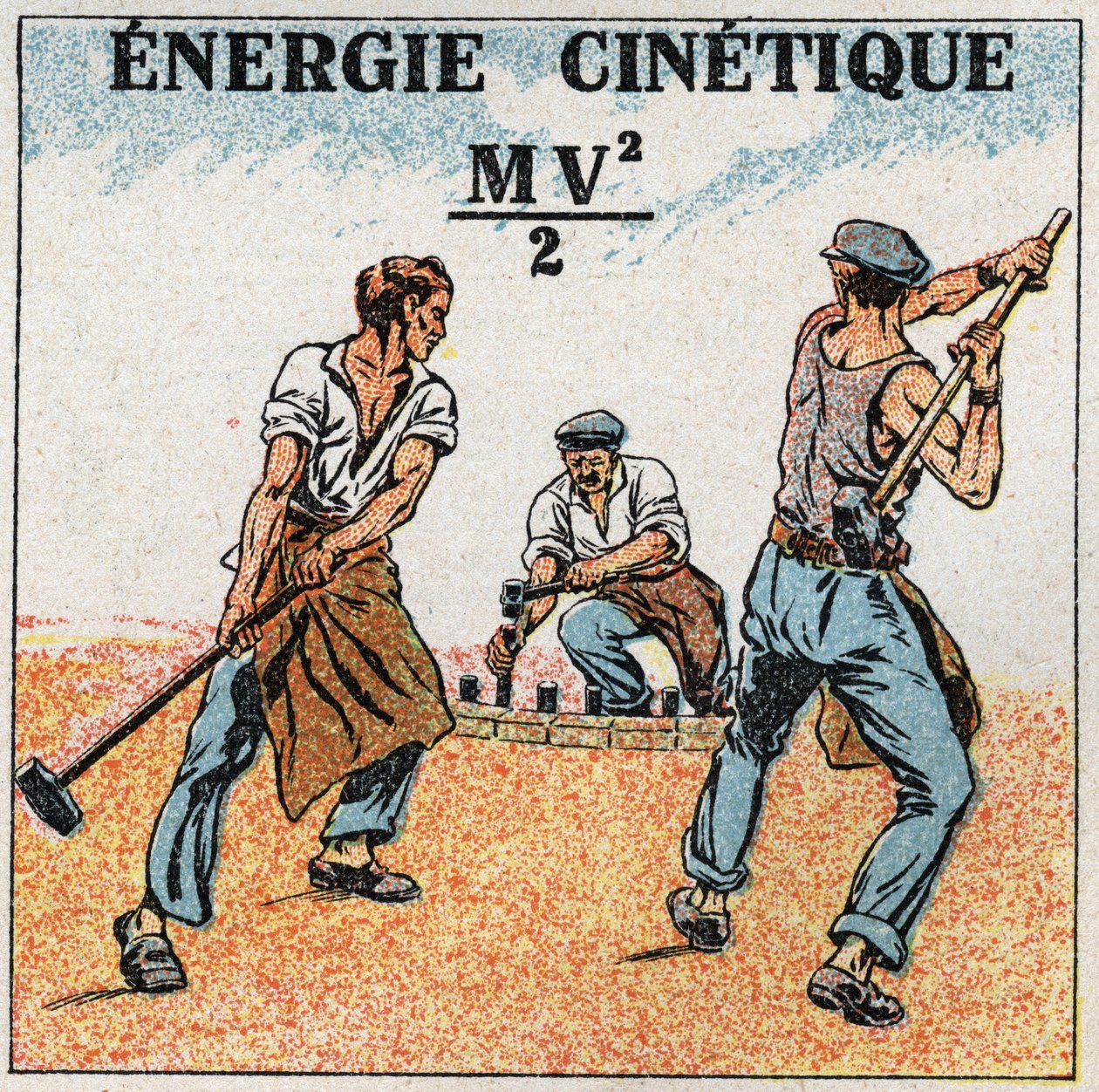 Arbete och kraft: beräkning av kinetisk energi. Anonym illustration från 1925. Privat samling. av Anonymous Anonymous