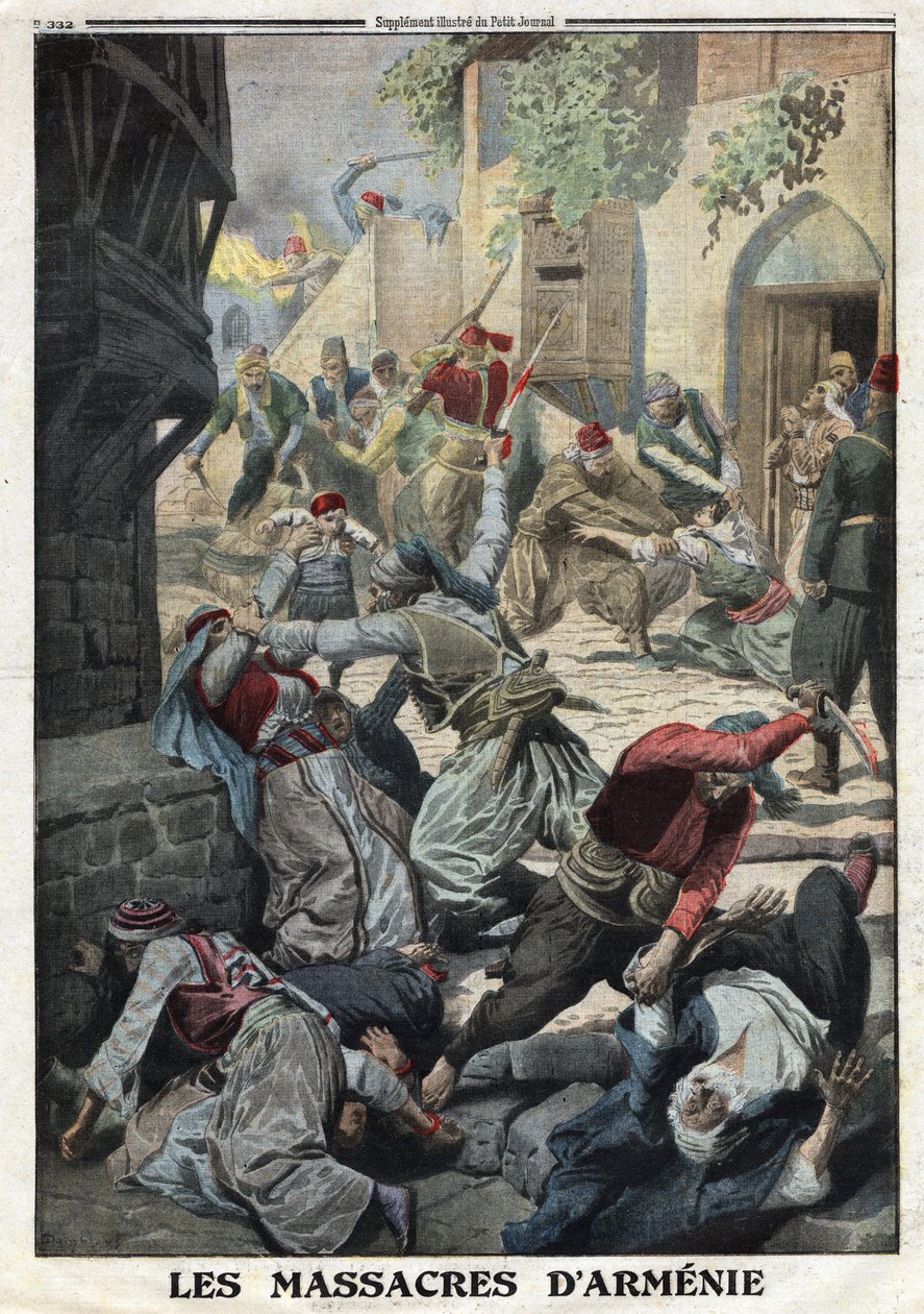 Första världskriget, armeniskt folkmord, förstörelse av den armeniska befolkningen av ottomanska turkar, Illustration från franska tidningen Le Petite Journal, 12 december av Anonymous Anonymous
