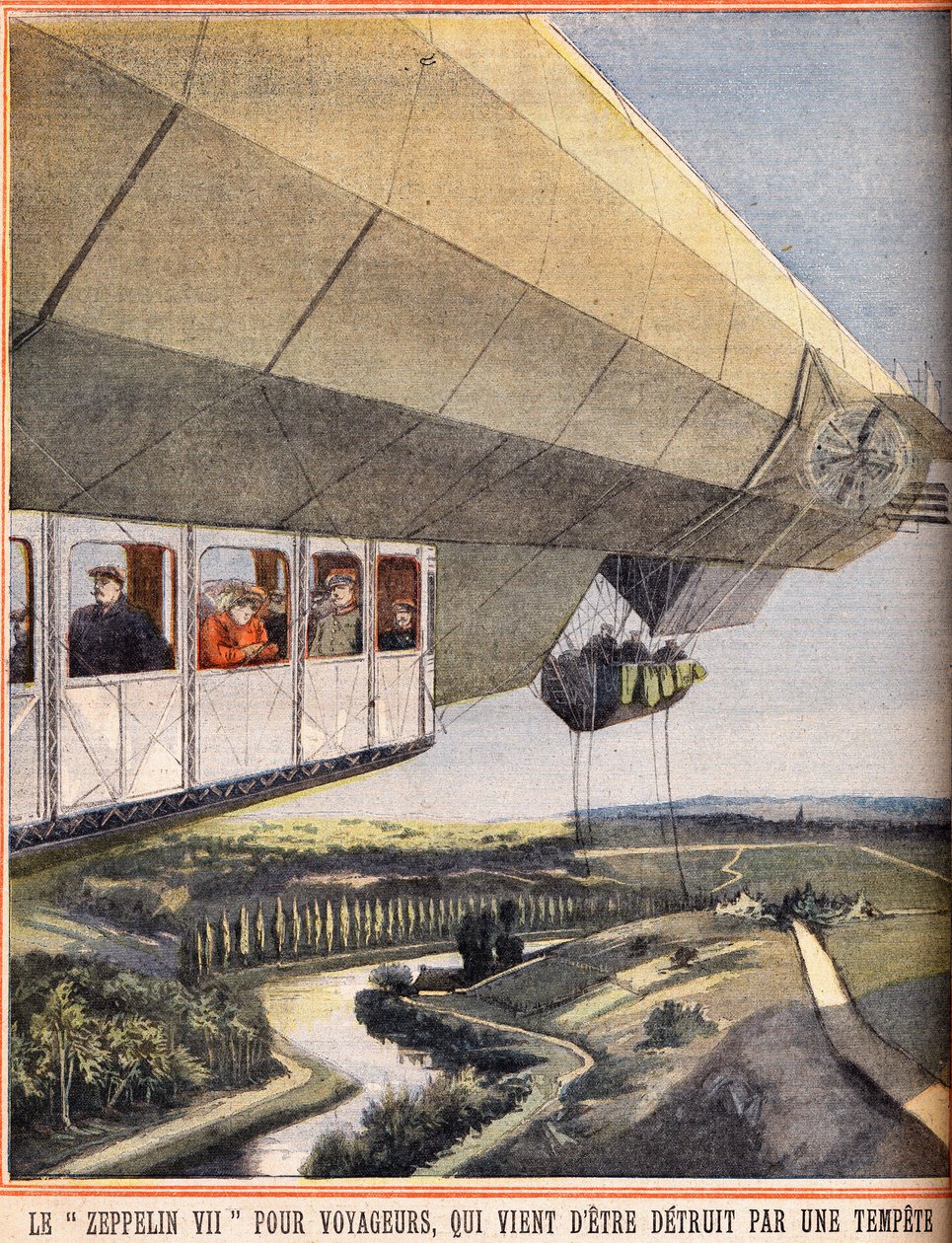 Zeppelin VII för resenärer som precis har förstörts av en storm. Gravyr i "" Le petit parisien"" 1910-07-10. Privat samling. av Anonymous Anonymous