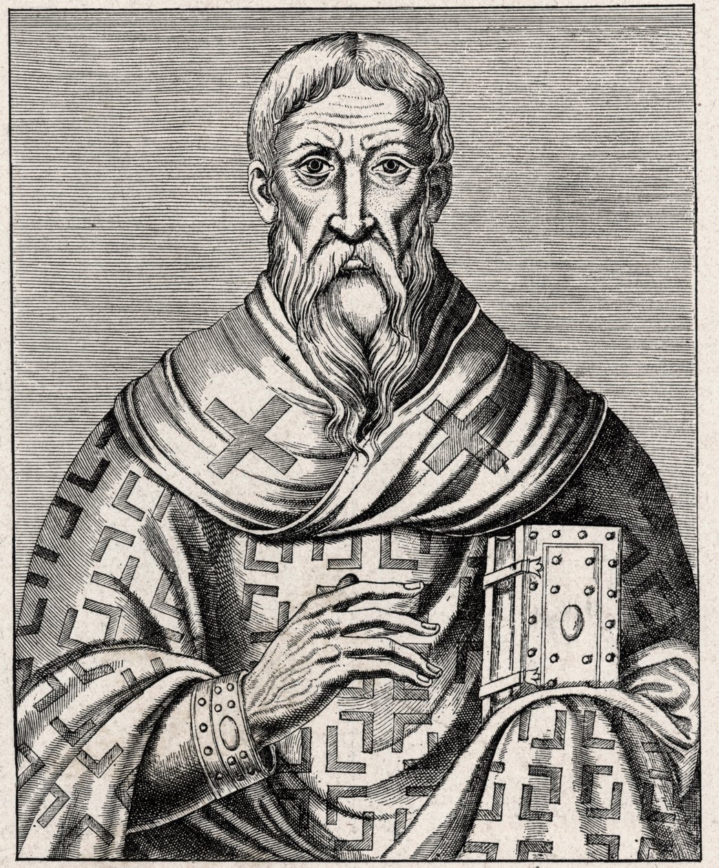 porträtt av Areopagiten Dionysius - Porträtt av Areopagiten Sankt Denys (1:a århundradet), grekisk biskop - Gravyr efter en illustration av "Life of illustrious Men" av Thevet - I "" The Catholic Missions in the XIXeme Century"" av Louis- Eugene (Louis av Anonymous Anonymous