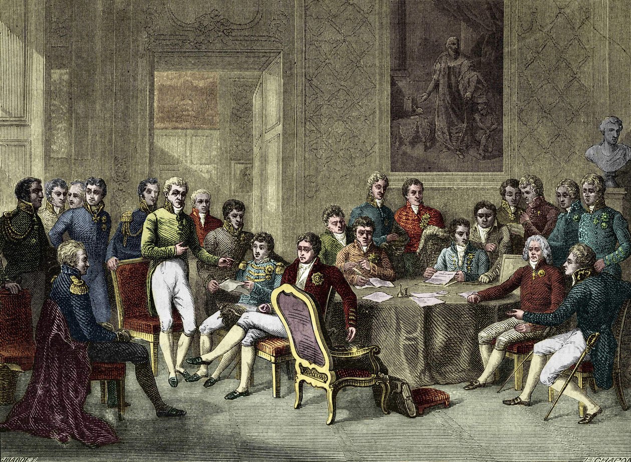Wienkongressen. Wienkongressen 1815. Alexander I, tsar; H.R. Stewart, Castlereagh; Francois I, kejsare av Österrike; Fredrik Vilhelm III, kung av Preussen; Karl August, Prins av Hardenbergh; Wilhelm von Humboldt (William av Humboldt av Anonymous Anonymous