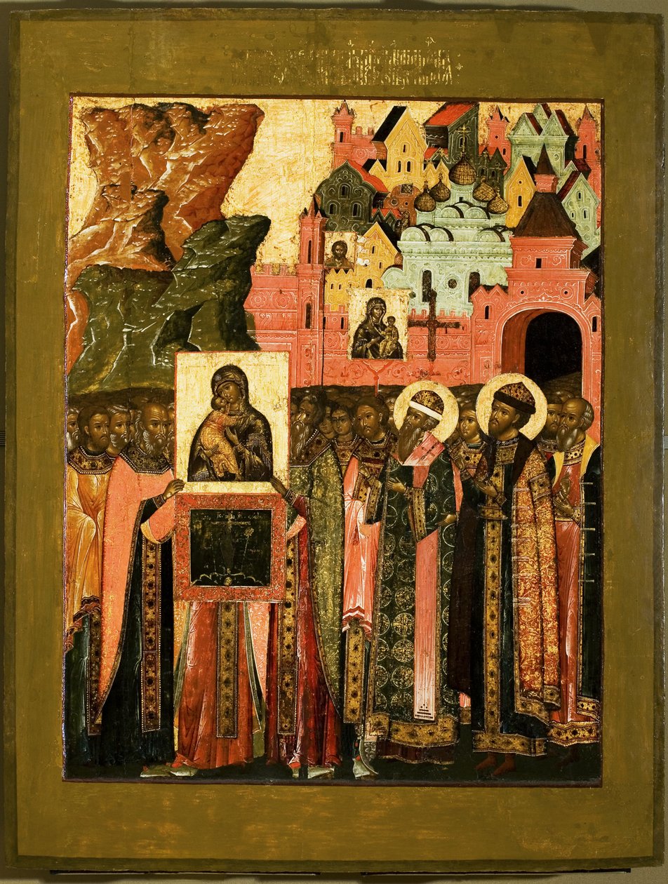 Ankomsten av Vår Fru av Vladimirs ikon i Moskva 1395, mitten av 1600-talet. av Anonymous Russian icon painter