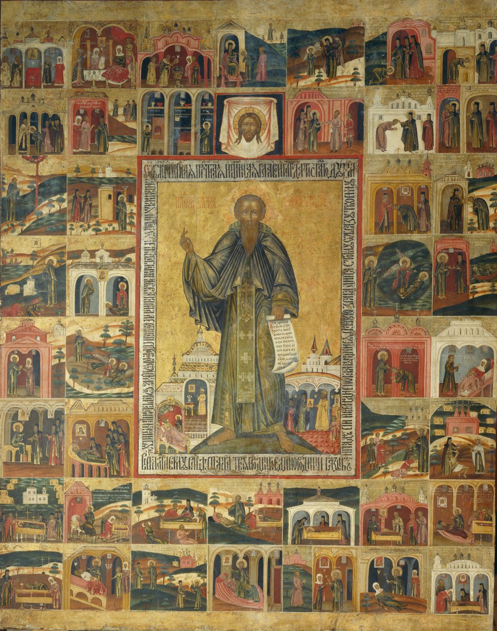 Saint Cyril of White Lake med scener ur hans liv, 1600-talet av Anonymous Russian icon painter